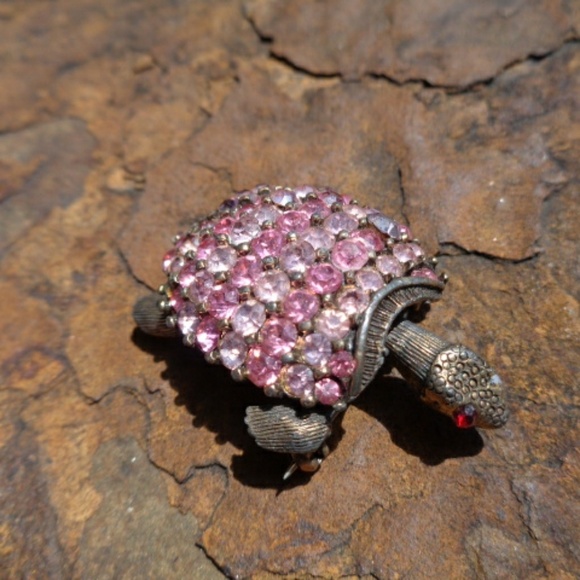 Vintage Old Pink Rhinestone Turtle Brooch